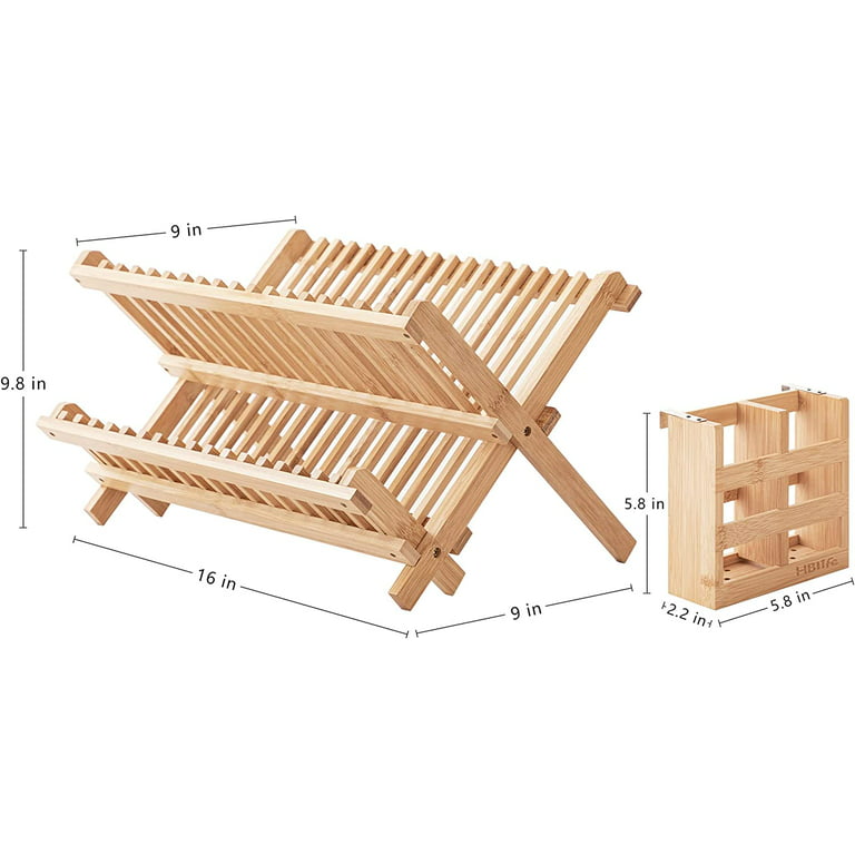 Bamboo Dish Drying Rack With Utensil Holder, Collapsible Wooden