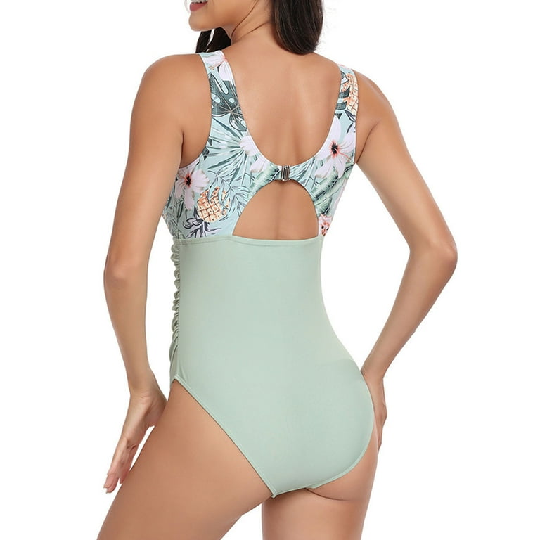 TrendVibe365 One Piece Bathing Suits for Juniors Cutout Monokini Racerback High Waist Mesh Crew Neck Bodysuit Romper Modest Swimsuits Retro Push up
