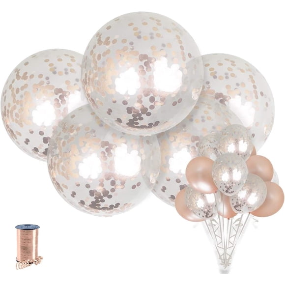 SHIMMER & CONFETTI 15 Pack Large Rose Gold Confetti Balloons. 5 Pieces 36-inch Confetti-Filled Balloons, 5 12-inch Confetti Balloons, 5 Metallic Balloons for Christmas, Birthday Party, Bridal Shower