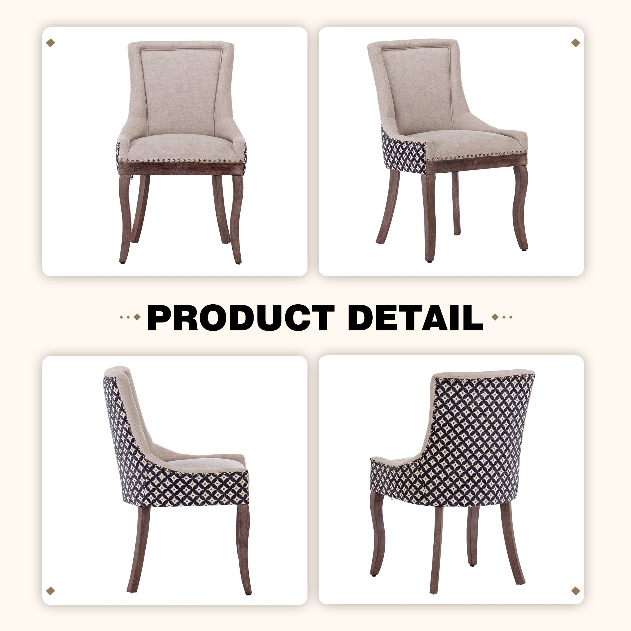 Dining Chairs Set of 2, LEGAHOME Beige Fabric Upholstered Dining Chairs, Mid-century Kitchen Chairs with High Back, Bronze Nail Head, Solid Wood Legs, Beige, 2 Pcs