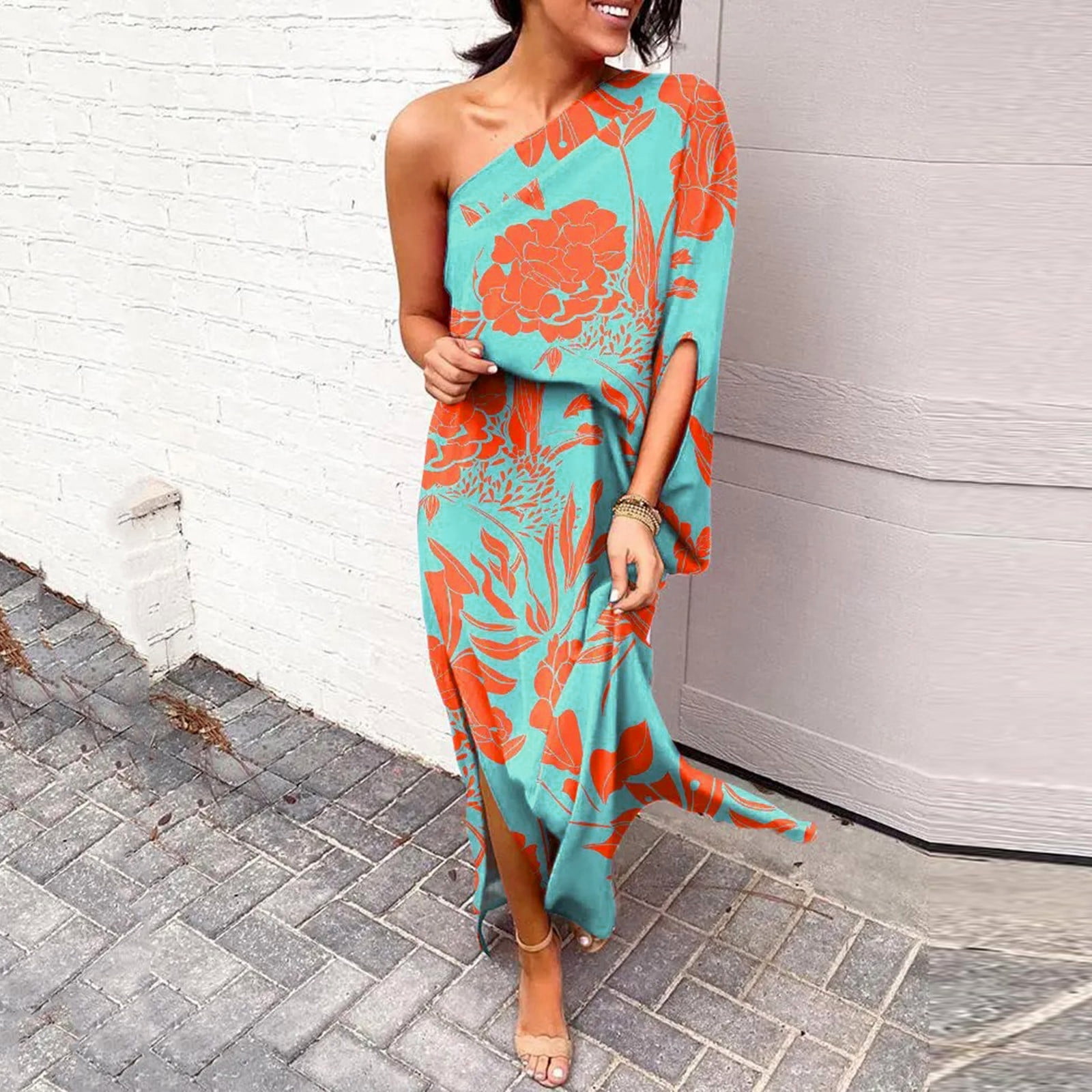 knee length dresses for ladies MissJophiel One Shoulder Long Sleeves Floral Print Chiffon Dress with Side Slit Pink Floral Print / Tea Length / Custom Size
