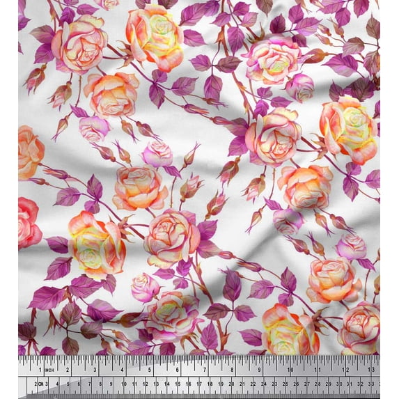Soimoi Cotton Poplin Fabric Leaves & Rose Flower Printed Fabric 1 Yard 56 Inch Wide
