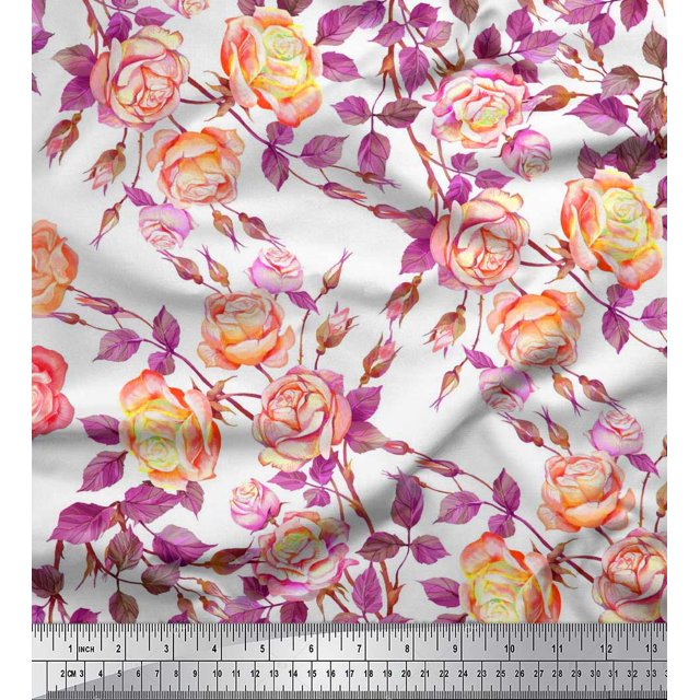 Soimoi Poly Georgette Tissu Feuilles & Fleurs Roses Tissus Imprimés par Yard 52 Pouces de Large