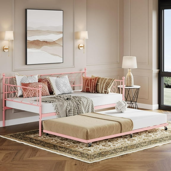 Daybed with Trundle, Sturdy Metal Twin Bed Frame with Stylish Headboard, Steel Slat Support Sofa Bed for Living Room, Bedroom and Guest Room, Pink
