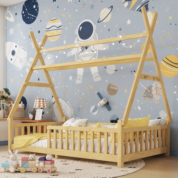 Twin House Bed with Light, Low Floor House Bed with Fence and Roof for Boys Girls,Natural(Expect arrive date 2026/4/2 Old SKU W2593P296911)