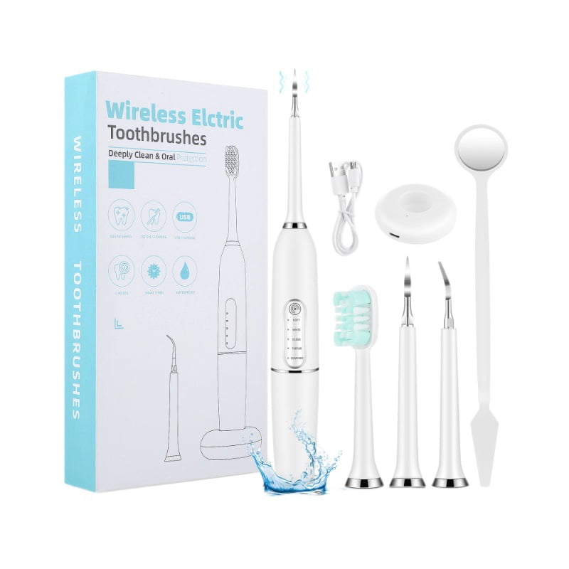 5-in-1 Electric Teeth Cleaner Kit with Sonic Vibration, Portable Oral Care Tool with 2 Plaque Remover Heads, Brush Head, and Dental Mirror for a Deeper Clean