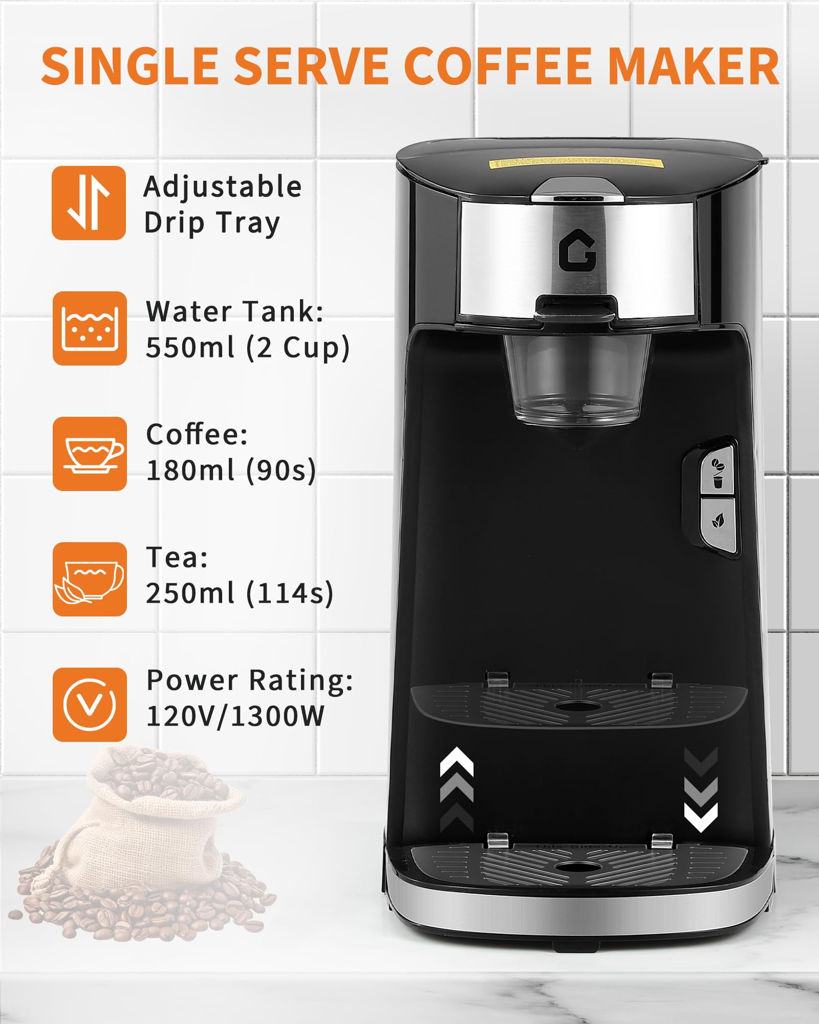 Soonbuy Single Serve Coffee Maker, Small K Pod Machine for Capsule, Ground Coffee & Tea Bag, Hot & Iced Brewer with 18.6oz Water Tank, Adjustable Drip Tray, 2 Brewing Modes