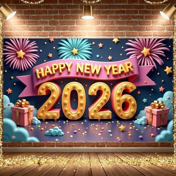 Fireworks Design Happy New Year Banner Golden Numbers 2026 Backdrop Pink Ribbon Colorful Stars New Year Background for New Year Party Holiday Celebration Family Gathering