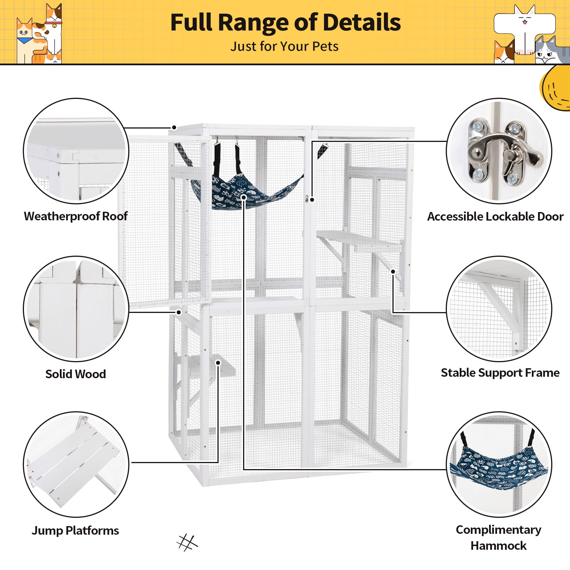 COZIWOW Catio Outdoor Cat Enclosure Window Access, Wooden Cat House Cage Indoor， White