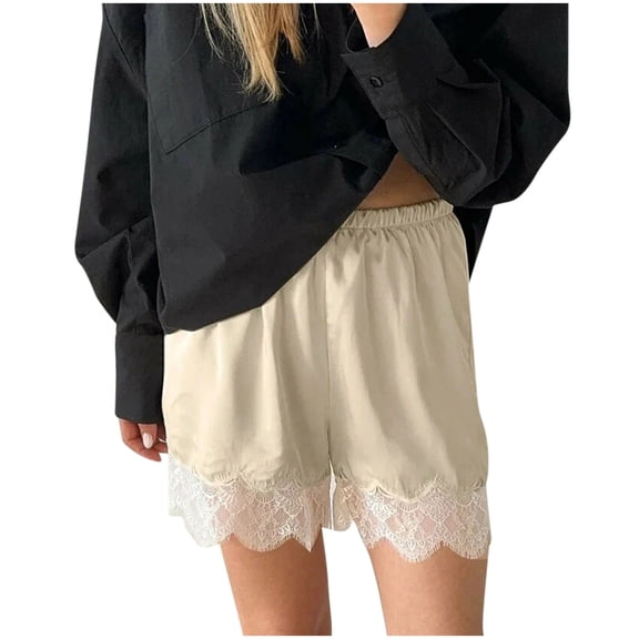 Fewfanhot Ladies' Fashion Casual Lace Satin Sleep Shorts Elastic Waist Soft Lightweight Design Luxurious Breathable Loungewear