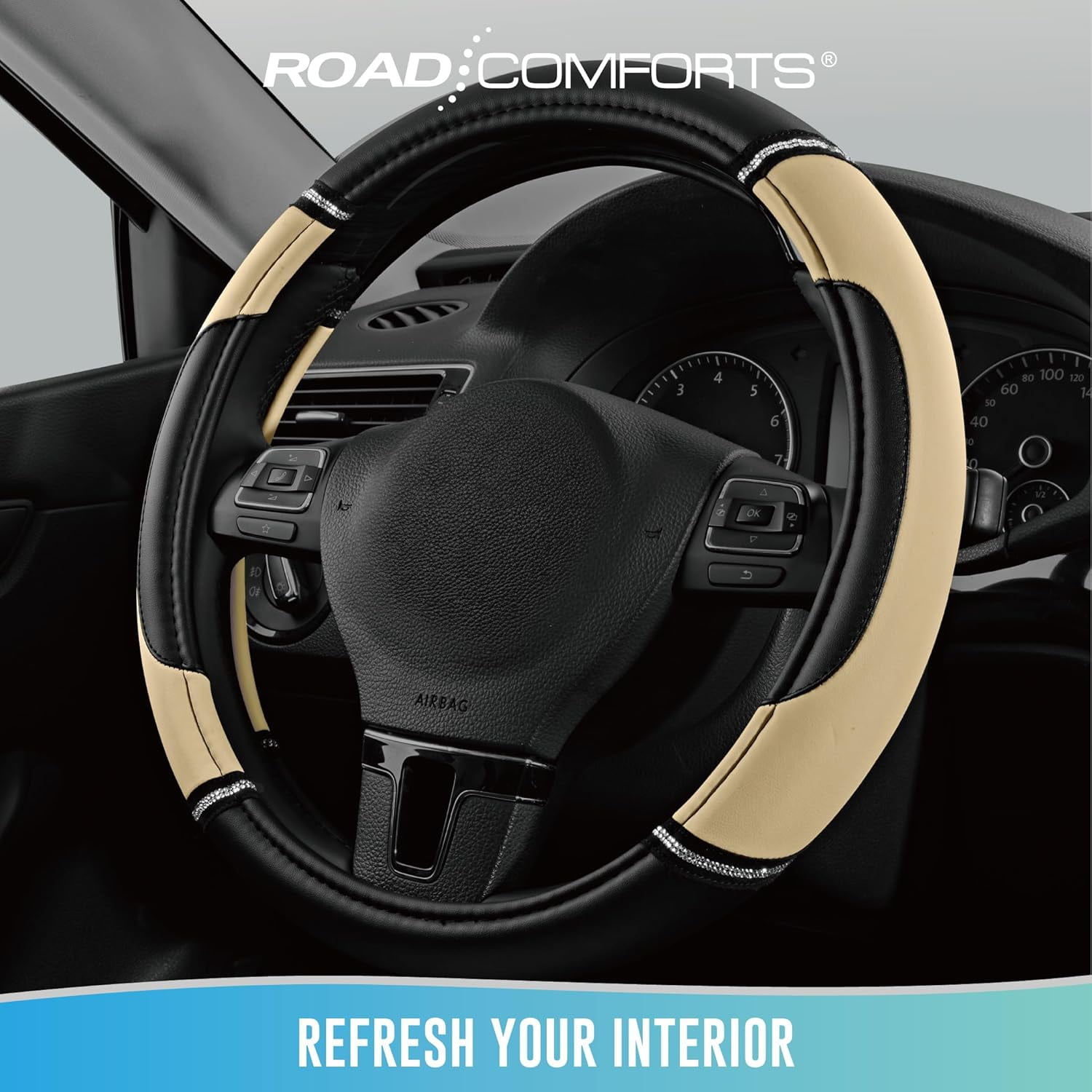 Leather Steering Wheel Cover - Made with PVC Leather - Anti-Slip, Universal Fit 14 1/2 inches to 15 inches - Beige