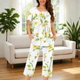 thumbnail image 2 of Moxiu Capri Pajama Sets Pleated Boho Floral Print Summer Short Sleeve Pjs 2 Piece Loungewear Capri with Pockets Sleepwear Yellow,XL, 2 of 6