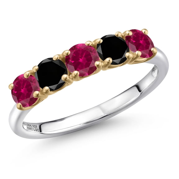Gem Stone King 925 Silver and 10K Yellow Gold Red Created Ruby and Black Diamond Wedding-Bands Ring for Women | 1.29 Cttw | Round 4MM | Gemstone July Birthstone | Size 5