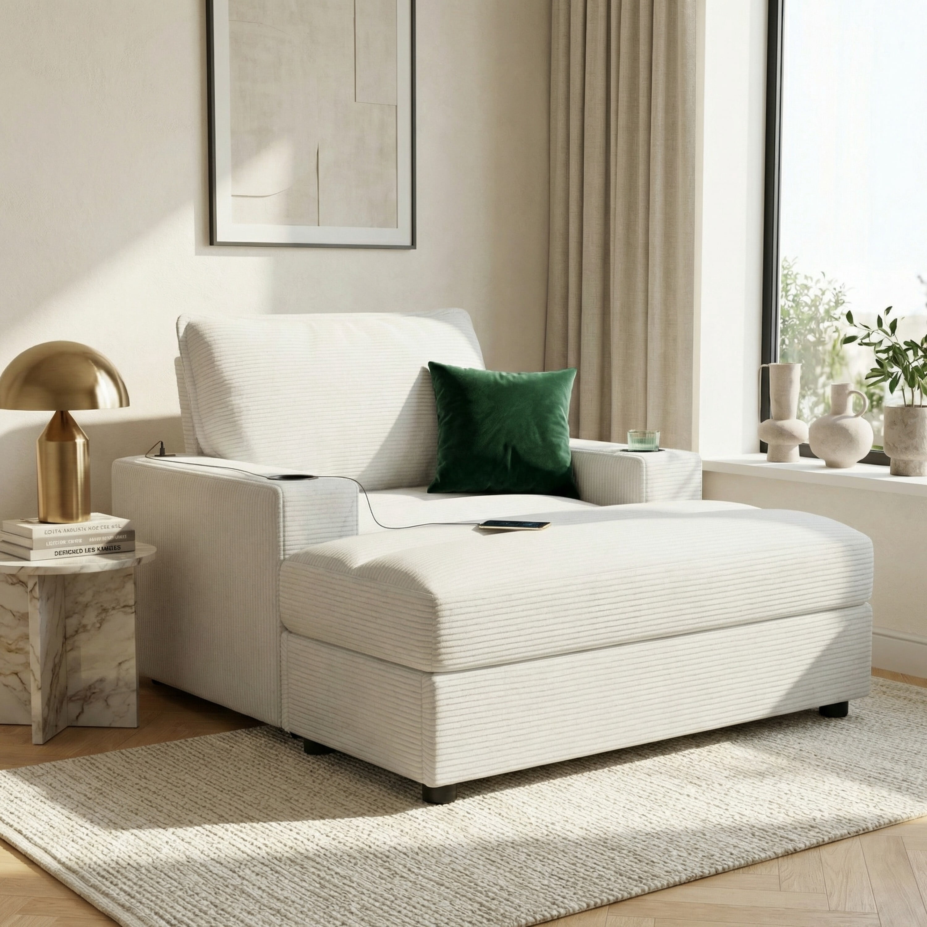 avobird 42.8" Chaise Lounge Chair with Storage Ottoman, Corduroy Sofa Bed with Cup Holders & USB Charging Port, Upholstered Sleeper Chair for Living Room, Beige
