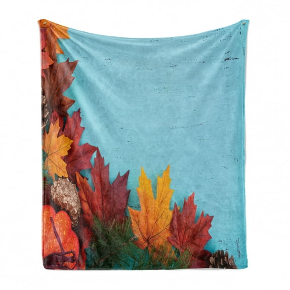 Rustic Wood Soft Flannel Fleece Throw Blanket, Fall Season Leaves with Vintage Style Canadian Maple Tree Foliage, Cozy Plush for Indoor and Outdoor Use, 60" x 80", Aqua and Multicolor, by Ambesonne