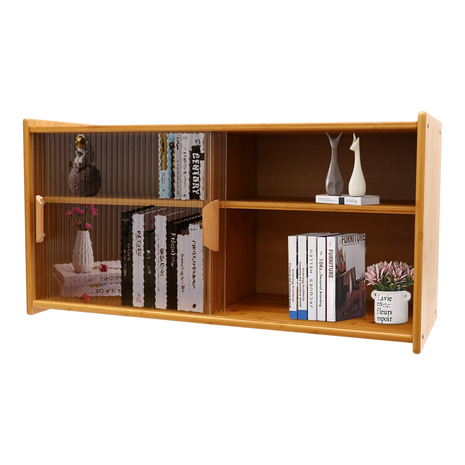 Kitchen Pantry Cabinet, Wall Mounted Bamboo Pantry Sideboard Wood Small 2-Tier Countertop Storage Cabinet with Sliding Glass Door Food & Utensils Cupboard for Dining Room, Home