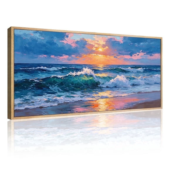 IARTTOP Textured Coastal Wall Art Ocean Waves Sunset Impasto Framed Canvas for Living Room Bedroom Office 20x40 Inch