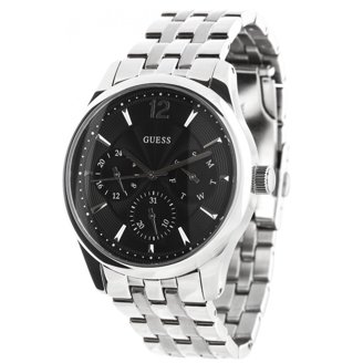 GUESS BLACK LEATHER MULTI-FUNCTION DIAL+BLUE ACCENT MENS 