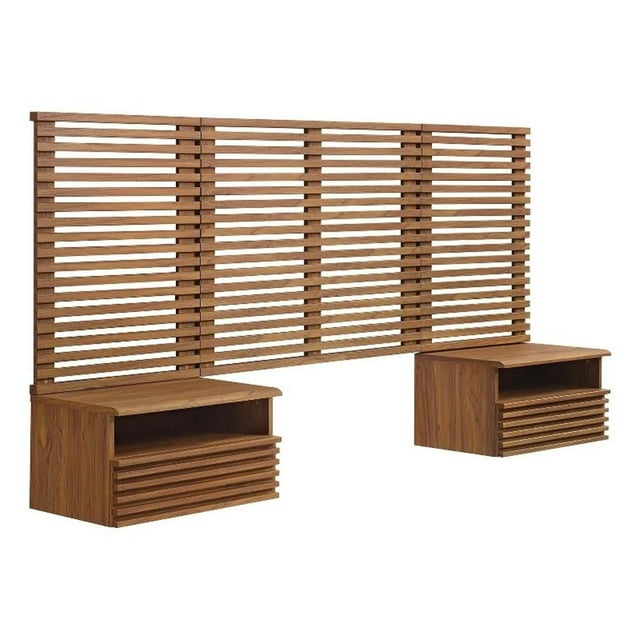Pemberly Row Tête de Lit Simple Moderne en Bois et Tables de Nuit en Noyer