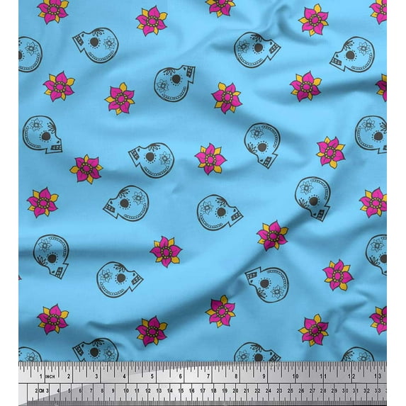 Soimoi Blue polyester Crepe Fabric Floral & Tribal Skull Printed Fabric 1 Yard 52 Inch Wide