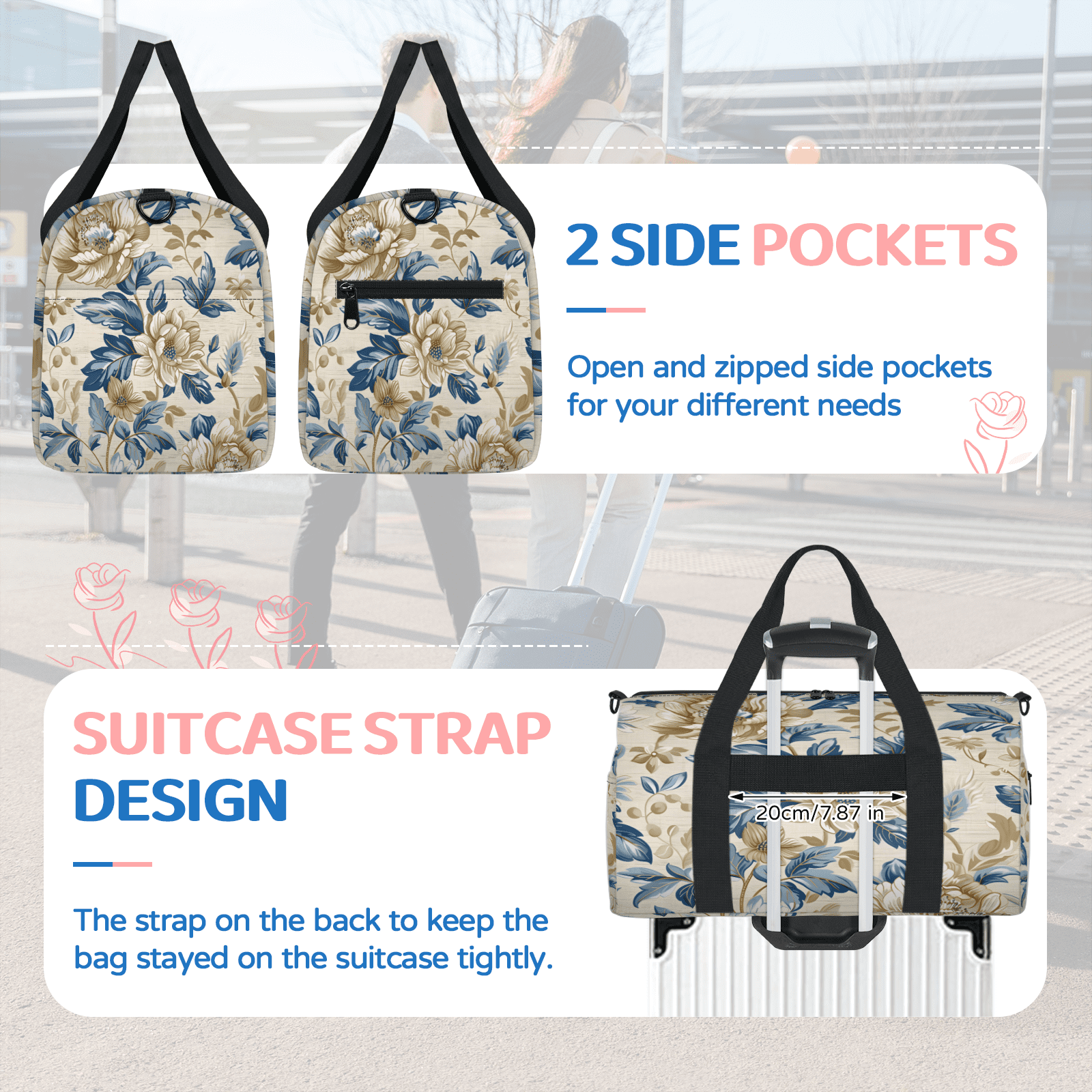 Herdesigns Flower Vintage Travel Duffle Bag Sports Yoga Weekender Overnight Carry on Workout Bags Lightweight Waterproof Gym Tote Bag for Women