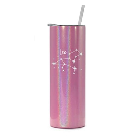 

20 oz Skinny Tall Tumbler Stainless Steel Vacuum Insulated Travel Mug Cup With Straw Star Zodiac Horoscope Constellation (Pink Iridescent Glitter) (Leo)