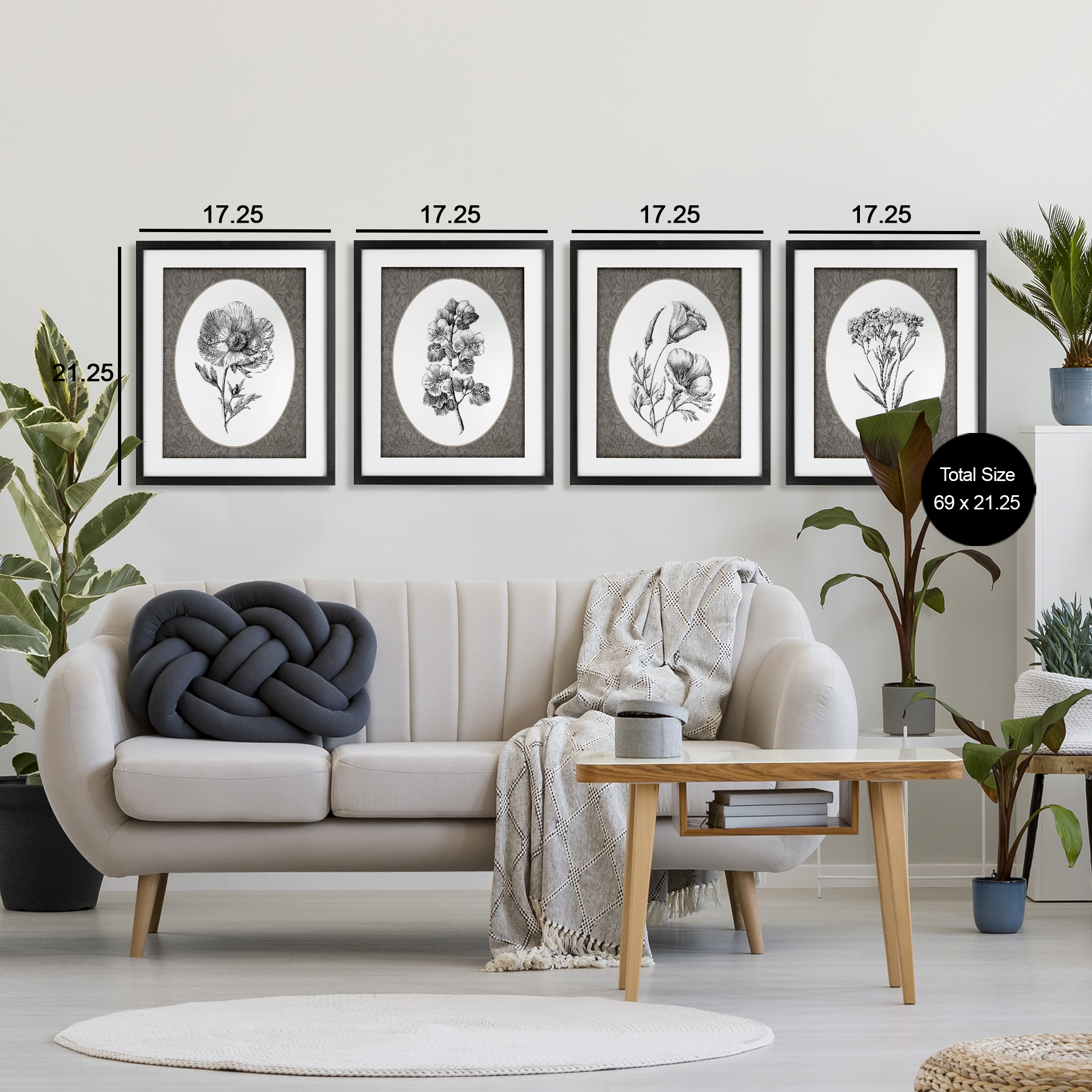 Ornate Blooms over Damask 4 Piece Black Framed Print Under Glass Set, design by Lettered and Lined