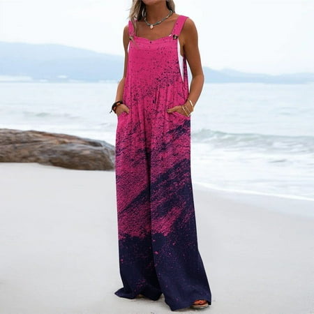 

QWANG Women s One-Piece Button Up Jumpsuit Casual Loose Sleeveless Rompers With Pockets