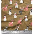 thumbnail image 1 of Soimoi Brown polyester Crepe Fabric Baubles,Reindeer & Snowman Cartoon Print Fabric by the Yard 42 Inch Wide, 1 of 3