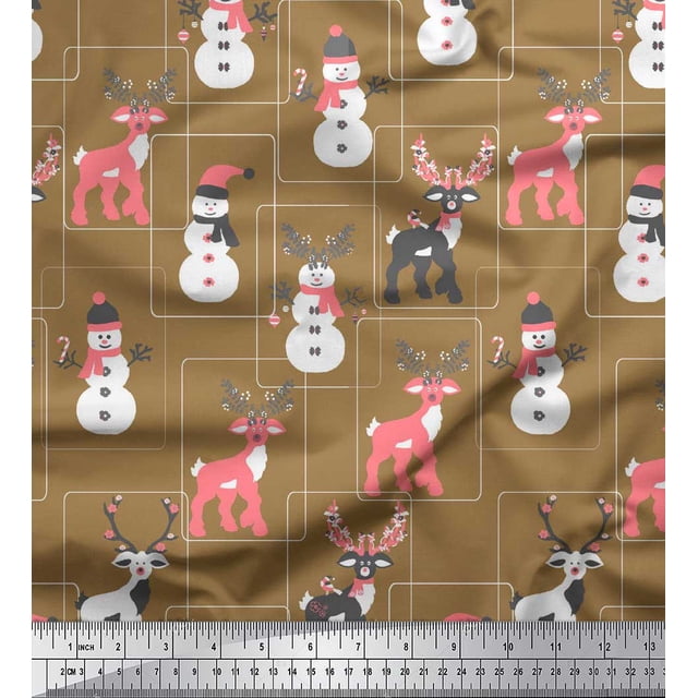 Soimoi Brown Poly Georgette Fabric Baubles,Reindeer & Snowman Cartoon Print Sewing Fabric Yard 52 Inch Wide