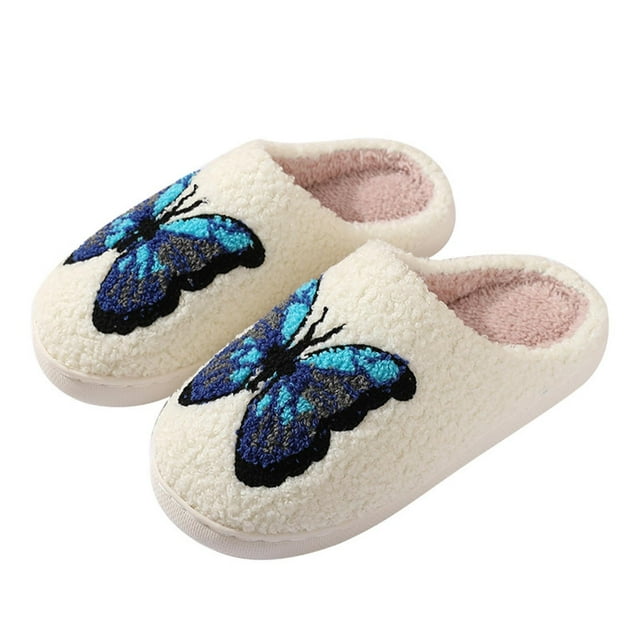 Womens Furry Slippers Large Size Soft Fleece Beautiful Butterfly Memory Foam Soft Sole Comfortable Non-Slip Warm Winter Home Slippers White
