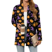 WTOBBY Women's Halloween Print Lightweight Open Front Cardigan Sweater Long Sleeve Casual Loose Thin Knit With Pockets Fall Batwing Cover Up Outerwear,Dark Purple L