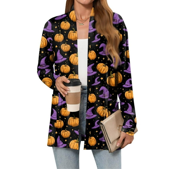 WTOBBY Women's Halloween Print Lightweight Open Front Cardigan Sweater Long Sleeve Casual Loose Thin Knit With Pockets Fall Batwing Cover Up Outerwear,Dark Purple L