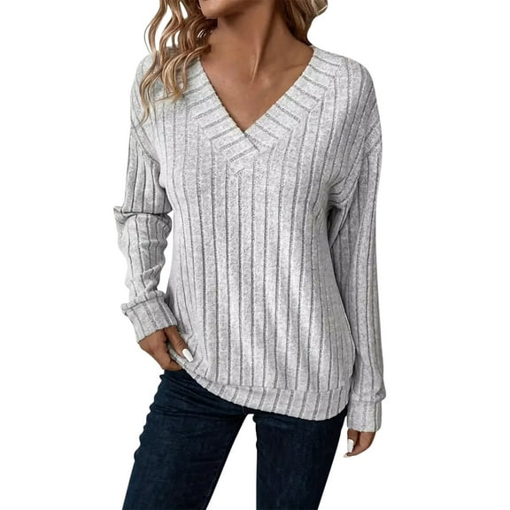 GigrtiJin Womens Casual Knitted Blouses Long Sleeved V-Neck Solid Color Loose Blouse Fashion Comfy Pullover Tunic Top
