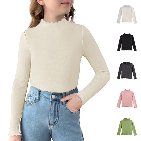 Asxite Girls Solid Tops Cotton Ruffle Long Sleeve Crew Neck T Shirt Fall Winter Casual School Uniform