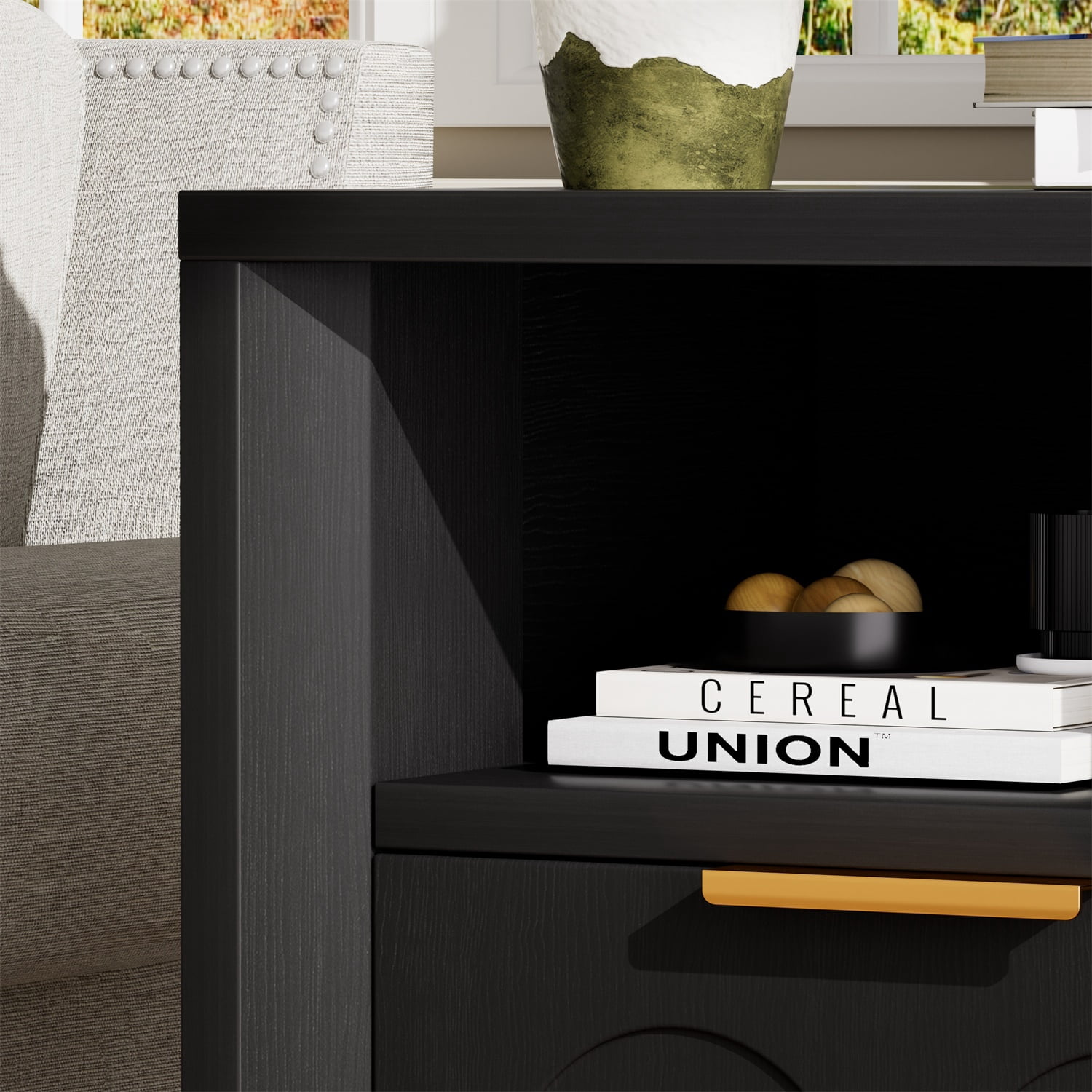 Hommoo 2-Pack Modern Nightstands with Built-in Type-C Charging Station, 2 Drawers & Open Shelf, Mid-Century Bedroom Side Tables for Bedroom, Living Room or Office, Black