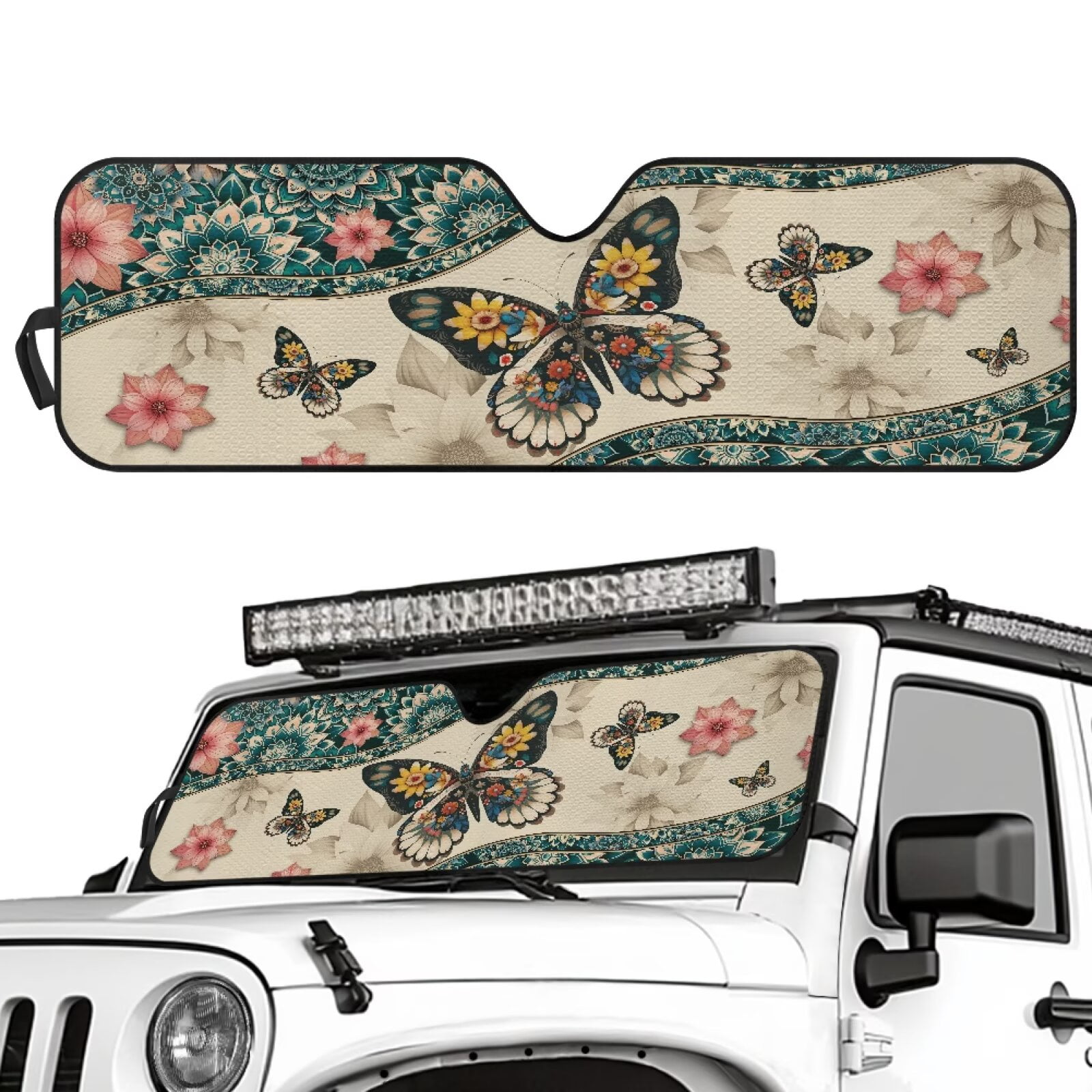 HUIACONG Butterfly Turtle Windshield Sun Shade Heat Shield Sun Visor Mat Compatible with Jeep Wrangler Rubicon Sahara TJ JK JKU 2 Door & 4 Door
