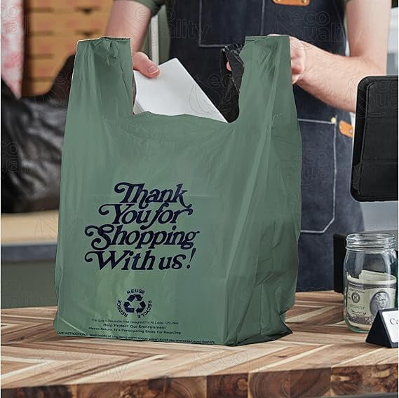 EcoQuality 1/6 Large Size 12x6.5x22 Inch Green Plastic Shopping Bags for Delivery, Retail, Grocery, Restaurant, Takeout, and Convenience Stores (160)