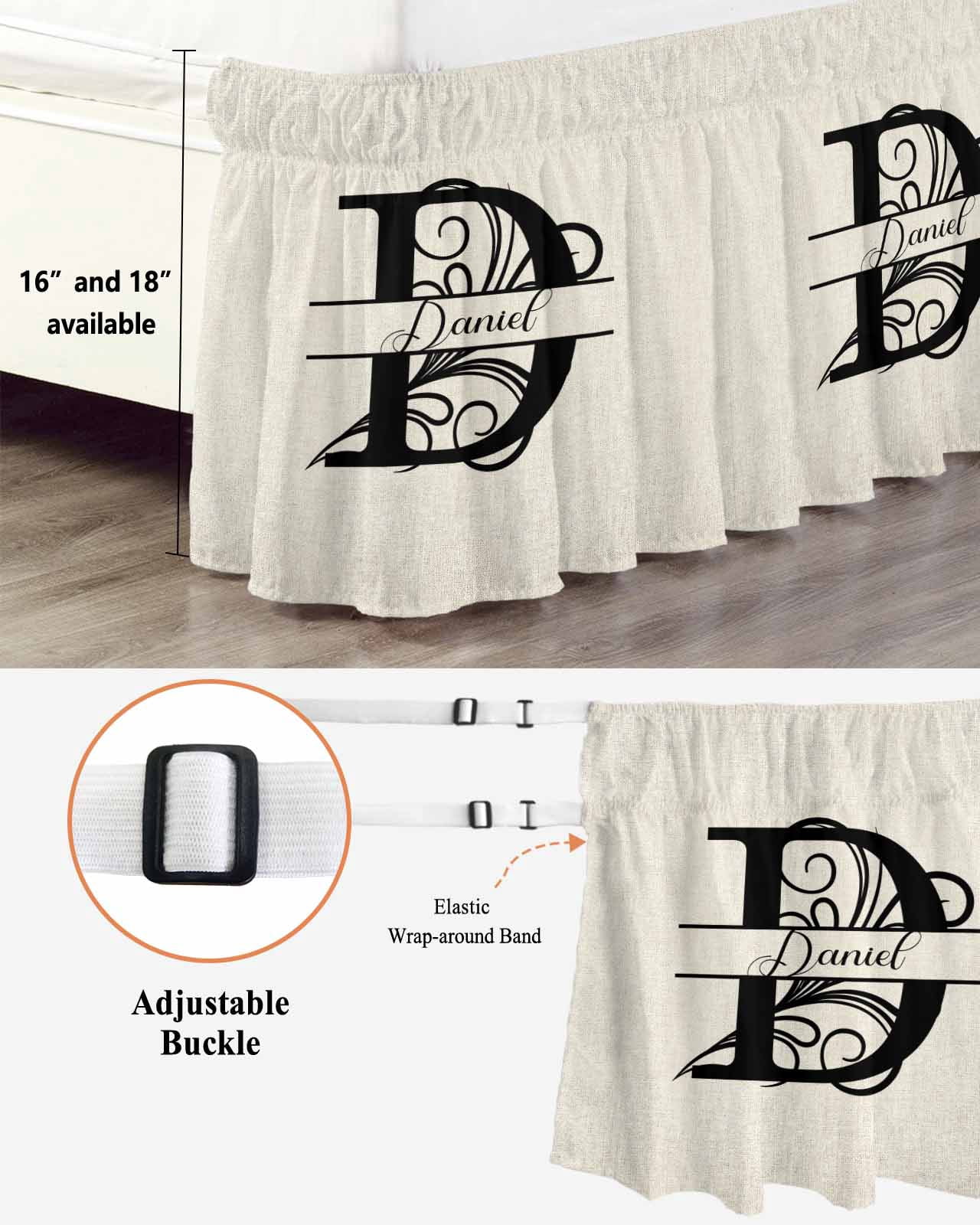 Letter D Bed Skirt Queen Size, Monogram Words Wrap Around Bed Skirting with Adjustable Elastic Strap, Dust Ruffle Pleated Bedskirts 16 Inch Drop for Bedroom Queen Beds