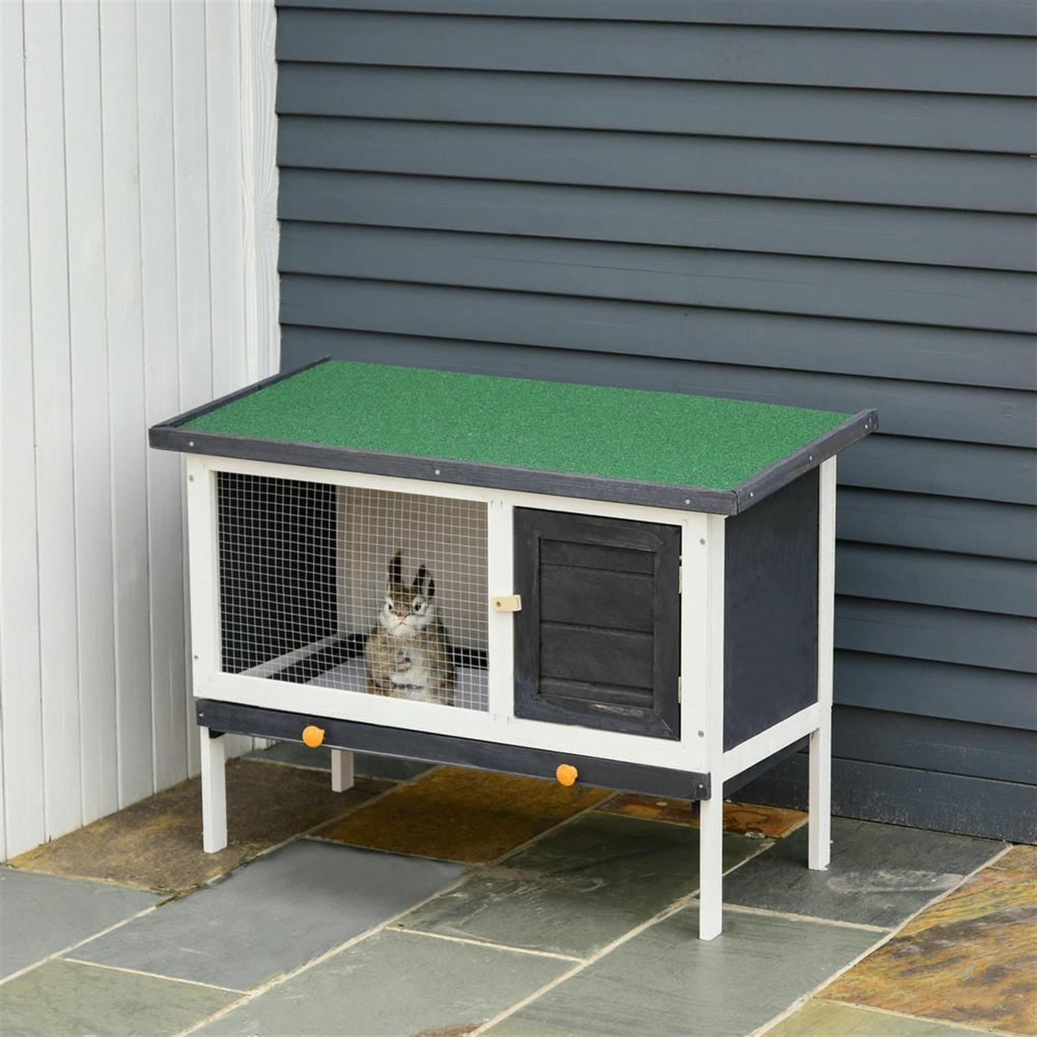Kadyn 35" Wooden Rabbit Hutch with Slide-out Tray and Openable Roof, Outdoor Small Animal Habitat Enclosure Bunny Cage for Bunnies, Guinea Pigs, Gray