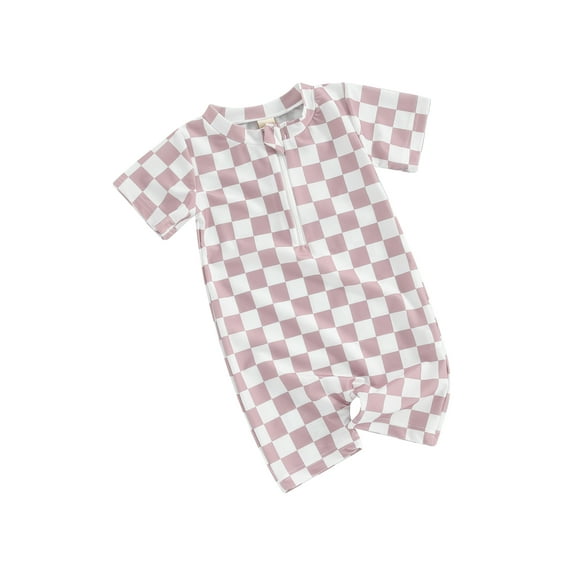 Suealasg Kids Boys Girl One Piece Swimsuits Short Sleeve Checkerboard Print Jumpsuit Swimwear Toddler Baby Summer Romper Bathing Suit Beachwear 0-4 Years