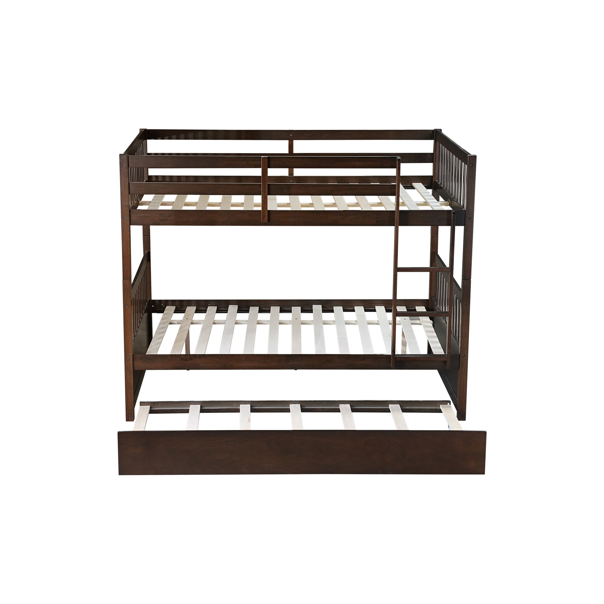 Leumius Full Over Full Size Bed Frame with Trundle, Ladder and Guardrails, Convertible to 2 Full Size Beds, Rubber Wood Bed with Twin Size Trundle for Boys Girls Espresso