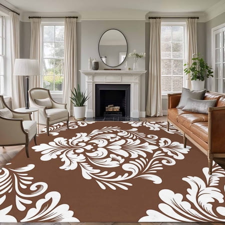 5x7 Washable Area Rug Classic Floral Pattern Non-Slip Large Rectangle Rug for Living Room Bedroom Brown Background White Flowers Indoor Floor Mat for Home Decor