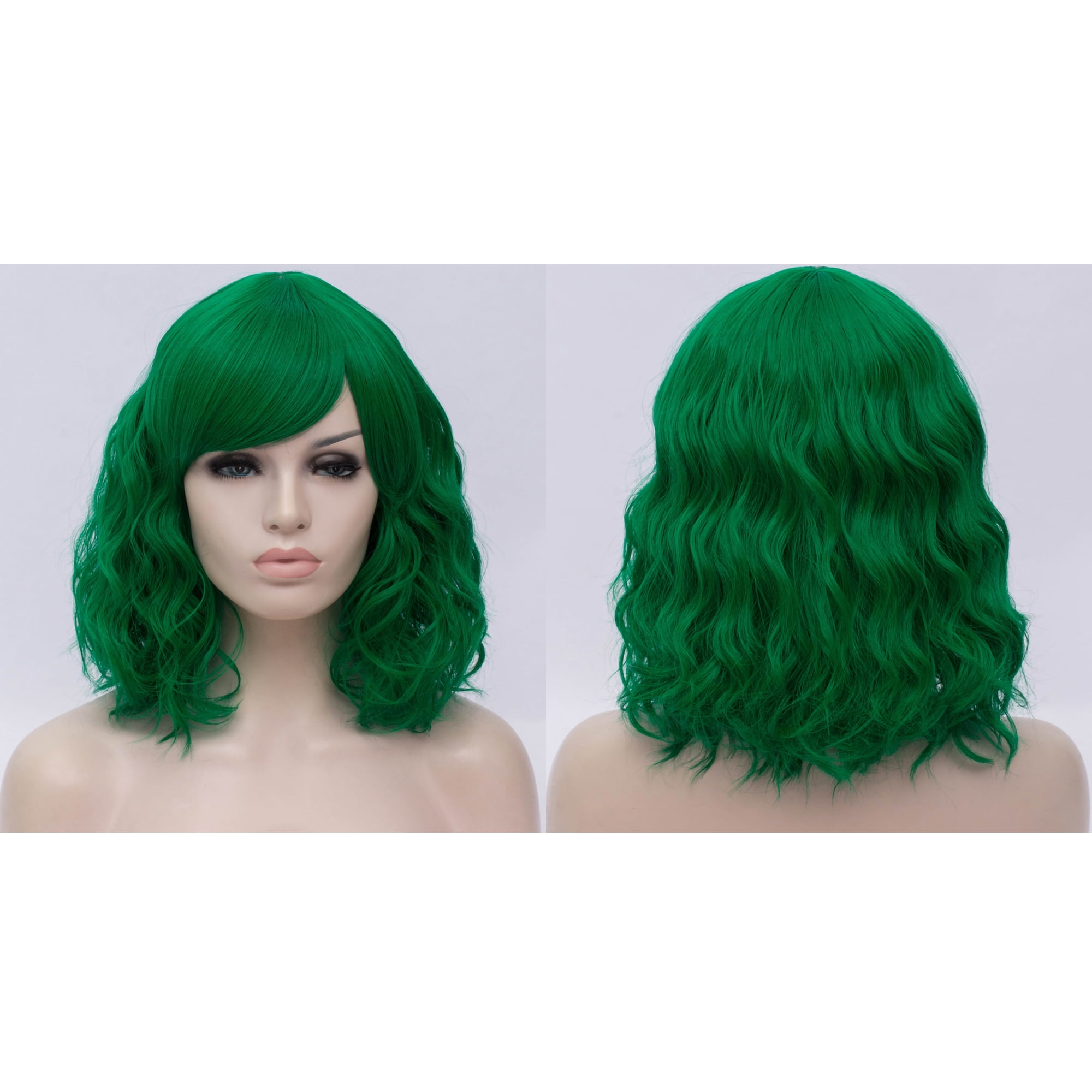 Unique Bargains Human Hair Wigs for Women Lady 14" Green Curly Wig Cap Fluffy Curly Wavy
