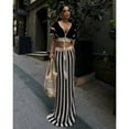thumbnail image 4 of Crochet Skirt Sets Women 2 Piece Outfits Knit Striped Hollow Out Short Sleeve V Neck Drawstring Top Maxi Skirts Set, 4 of 5