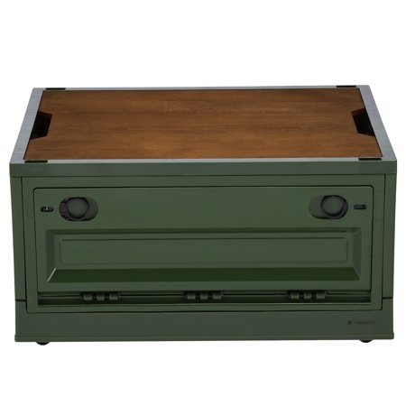 Navaris Camping Storage Box, Green, Set of 2 - 35L Foldable Bin with Pine Wood Lid - Collapsible Folding Crate - Easy to Disassemble Plastic Storage Crates - Stackable with Wheels