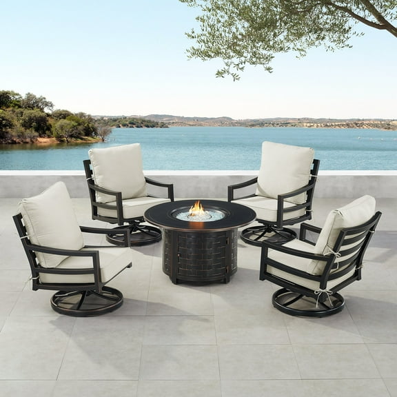 Black Aluminum Fire Table Set with Four Club Chairs