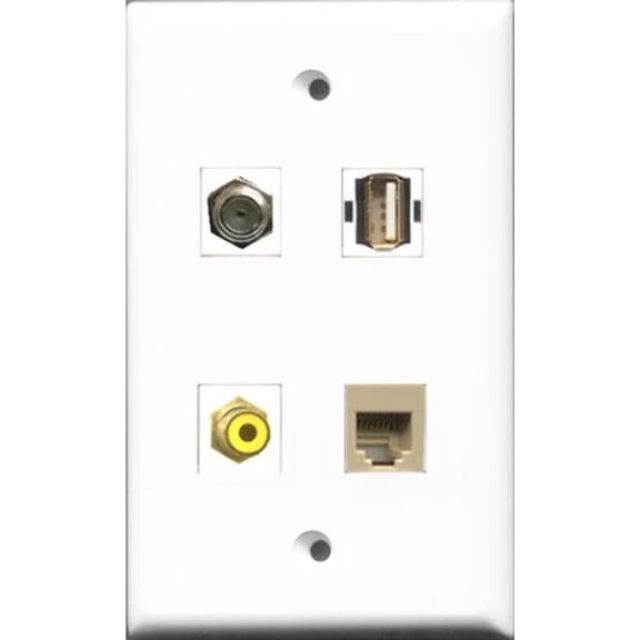 RiteAV 1 Port RCA Yellow and 1 Port Coax Cable TV- F-Type and 1 Port USB A-A and 1 Port Phone RJ11 RJ12 Beige Wall Plate