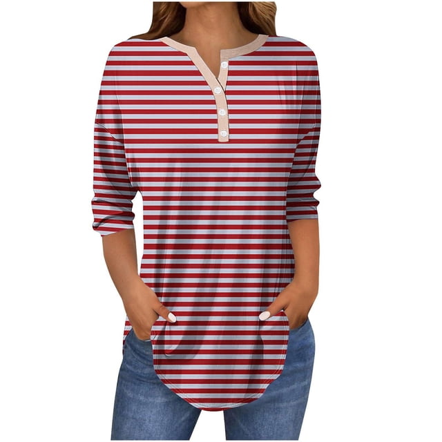 Staron Clearance Womens Tops Summer 3/4 Length Sleeve Button V Neck Blouses Striped Print Tunic Loose Casual Business Work Tops