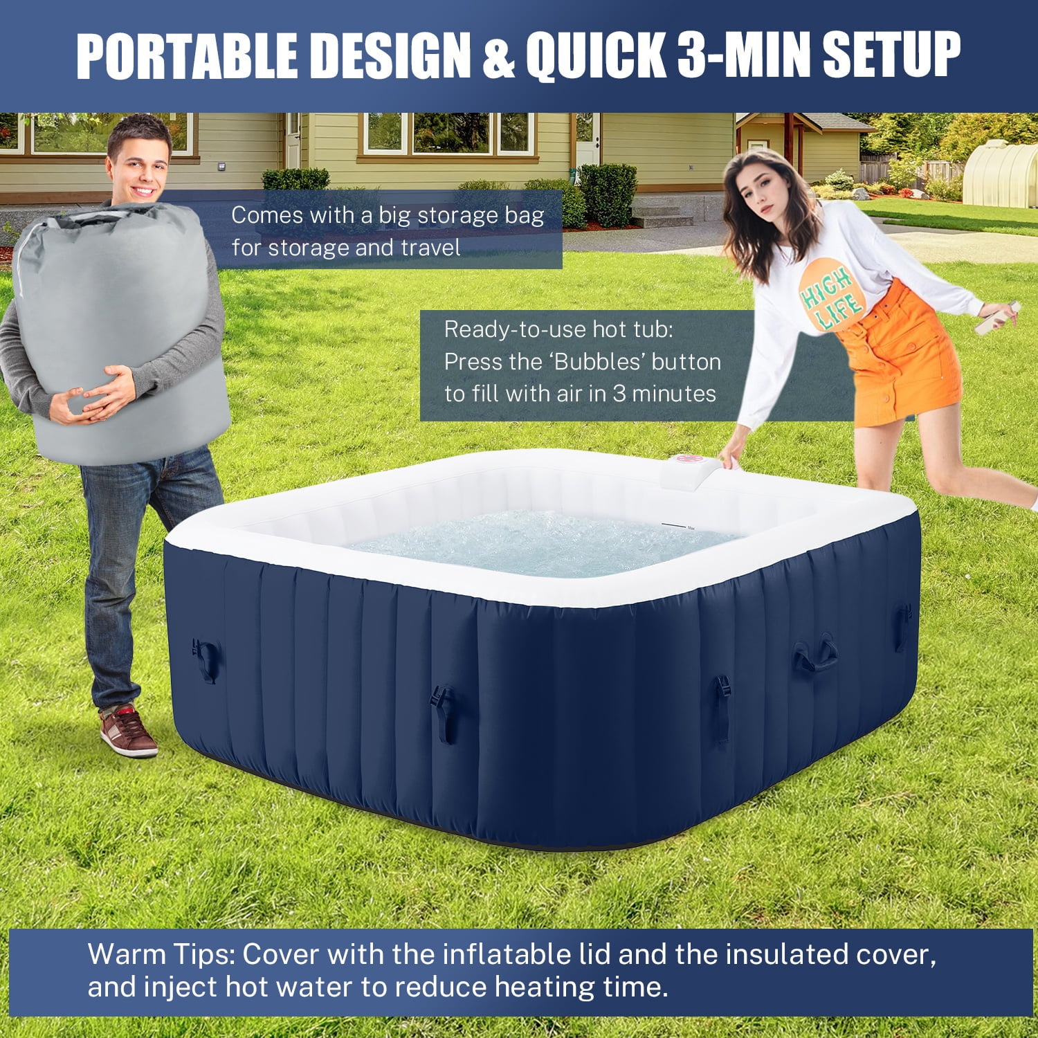 Hot Tub for 4-6 Person, Seizeen Outdoor Patio Large Inflatable Hot Tub Home SPA, with 130pcs Massage Jets, 910L, 4 Filters, 2 Cup Holders, Lockable Cover, Storage Bag, Max 104℉, 73in, Navy